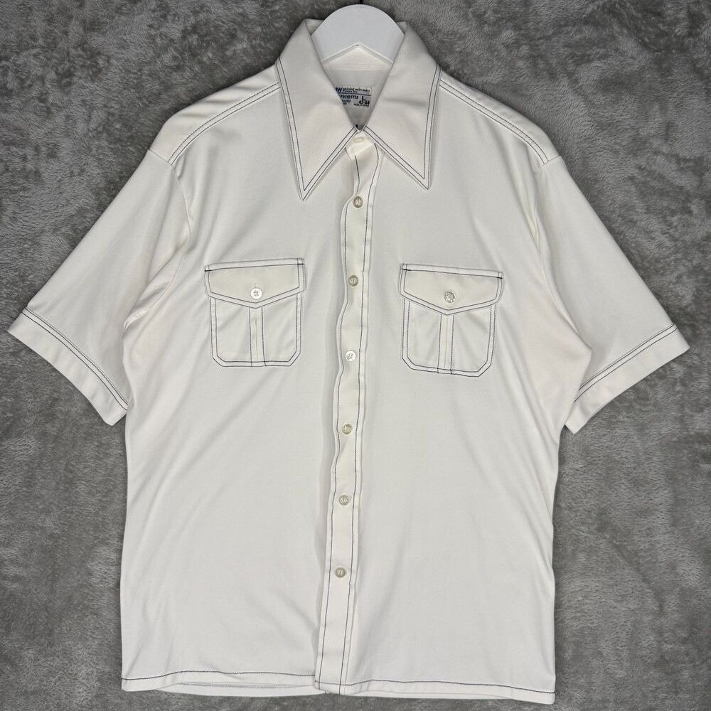 Vtg 70s Jc Penny Button Up Shirt Mens Large White Short Sleeve Pockets Disco